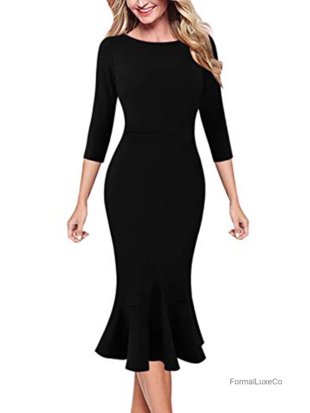 Women Vintage Mermaid Midi Cocktail Dress 3/4 Sleeve Fitted Sheath